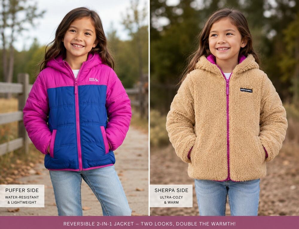 Eddie Bauer Girls Reversible Puffer Sherpa Jacket Hooded 7/8 Purple Blue Teddy